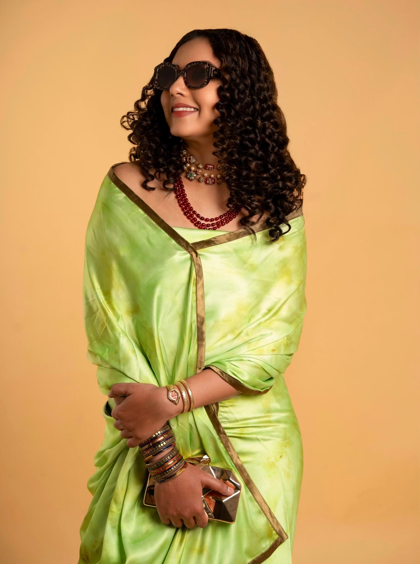 Lime Green Tye And Dye Pattern with Olive Green Border READY TO WEAR Satin Saree