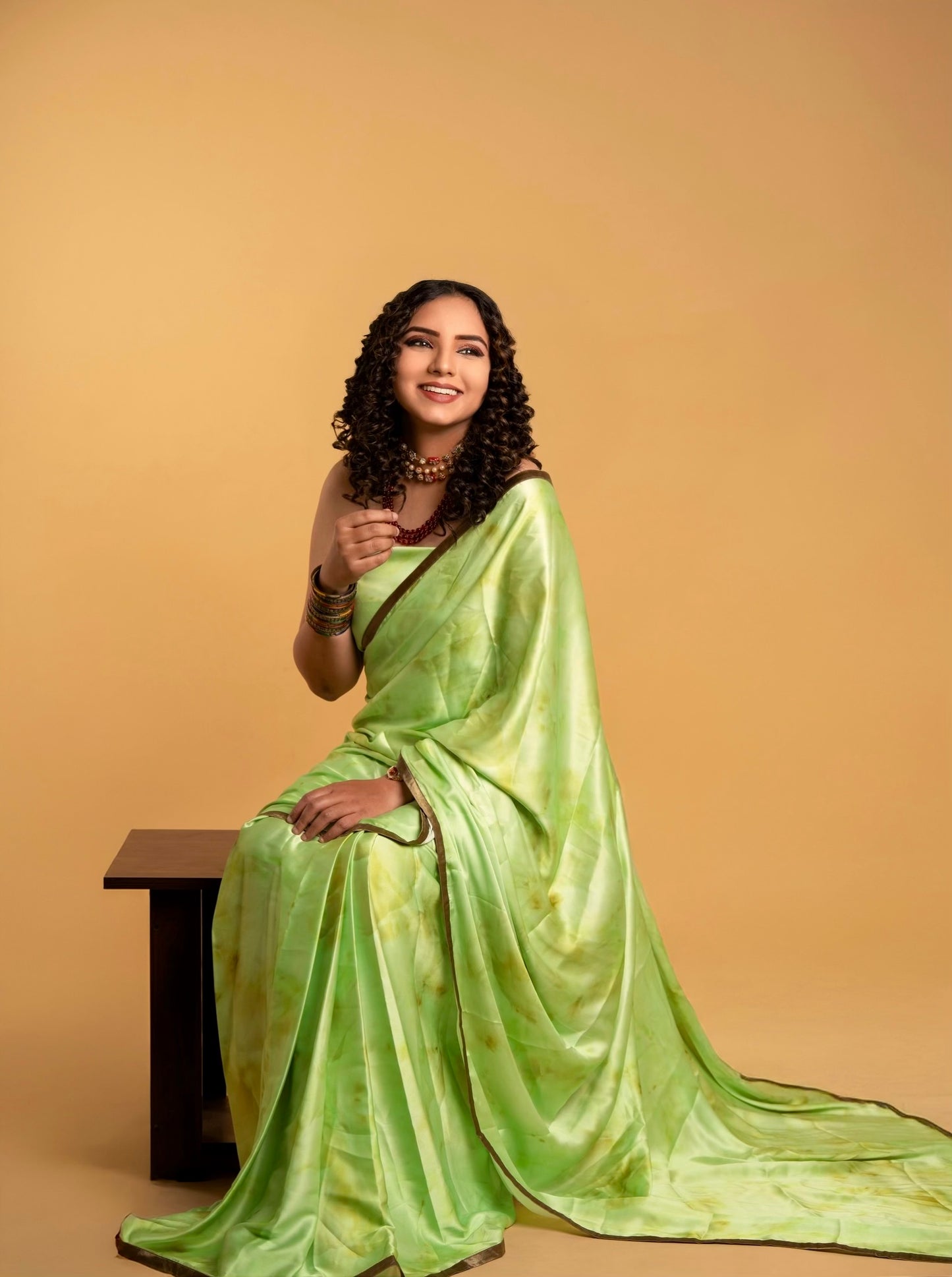 Lime Green Tye And Dye Pattern with Olive Green Border READY TO WEAR Satin Saree