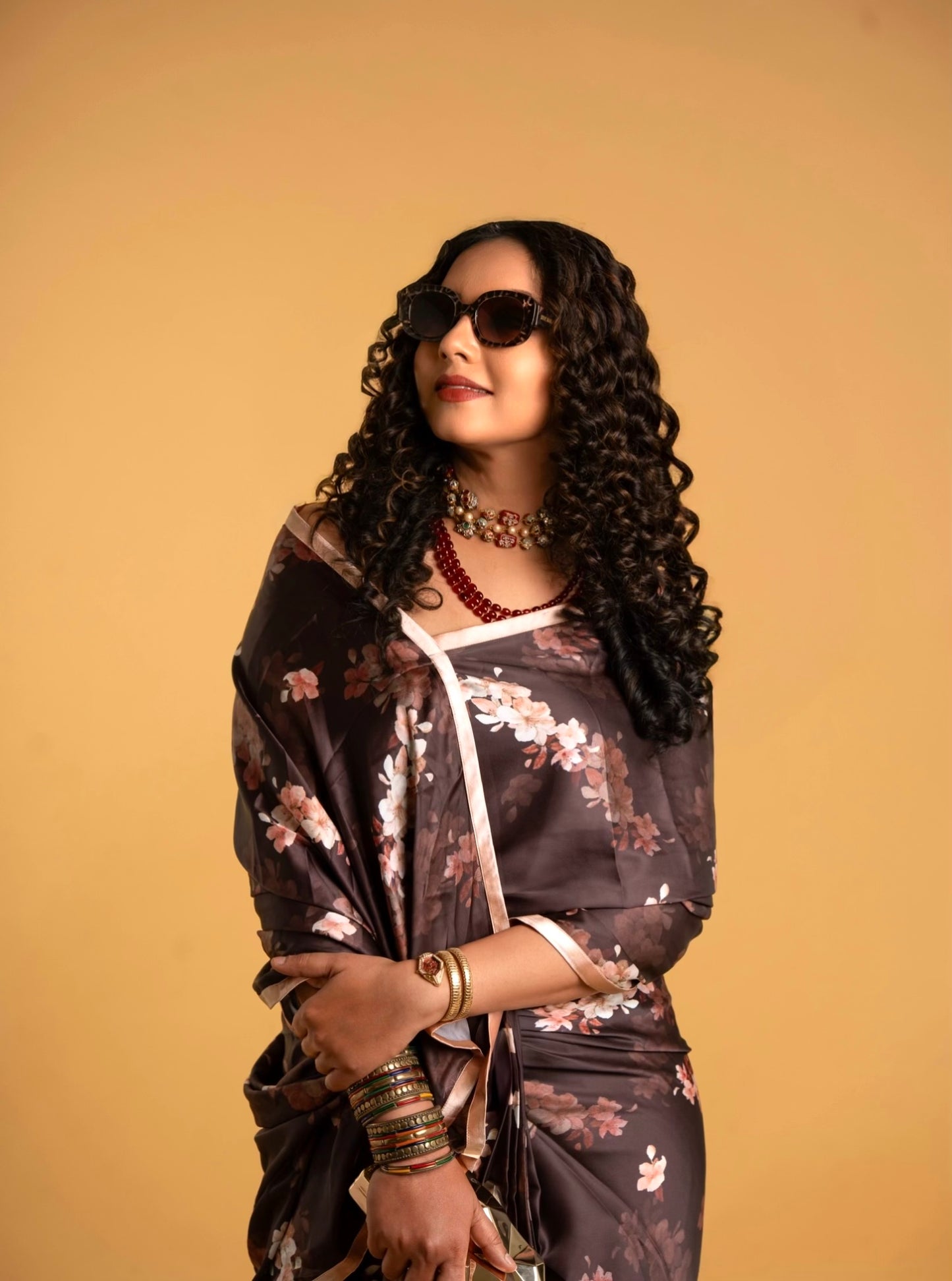 Dark Brown And Peach Floral Pattern with Peach Border READY TO WEAR Satin Saree