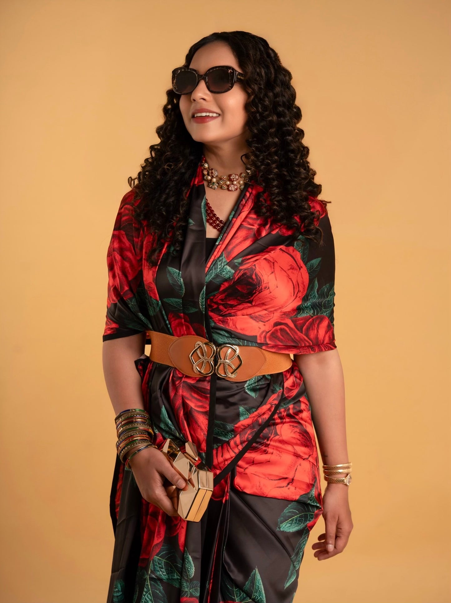 Black And Red Floral Pattern with Black Border READY TO WEAR Satin Saree