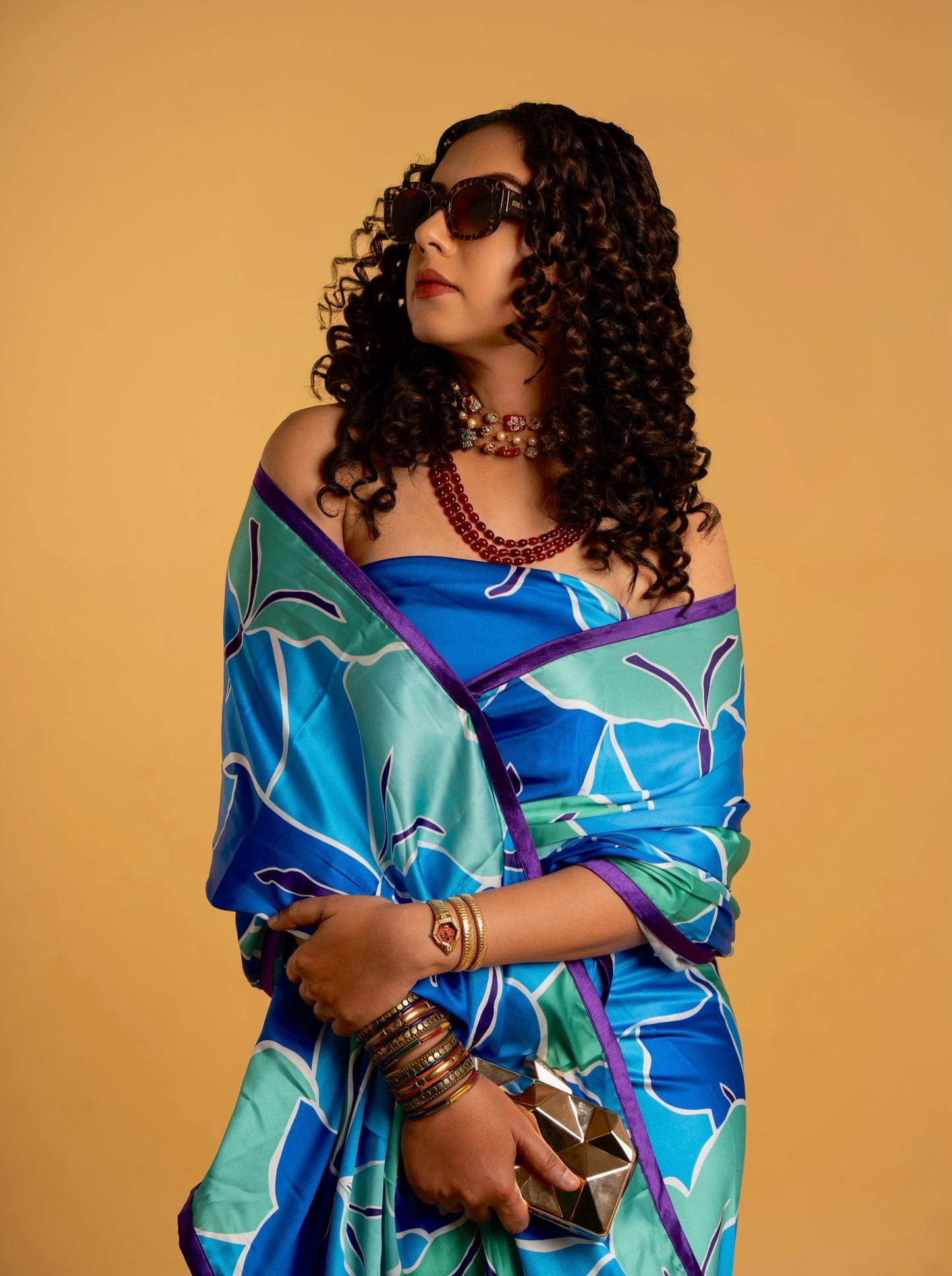 Royal Blue And Green Abstract Pattern with Purple Border READY TO WEAR Satin Saree