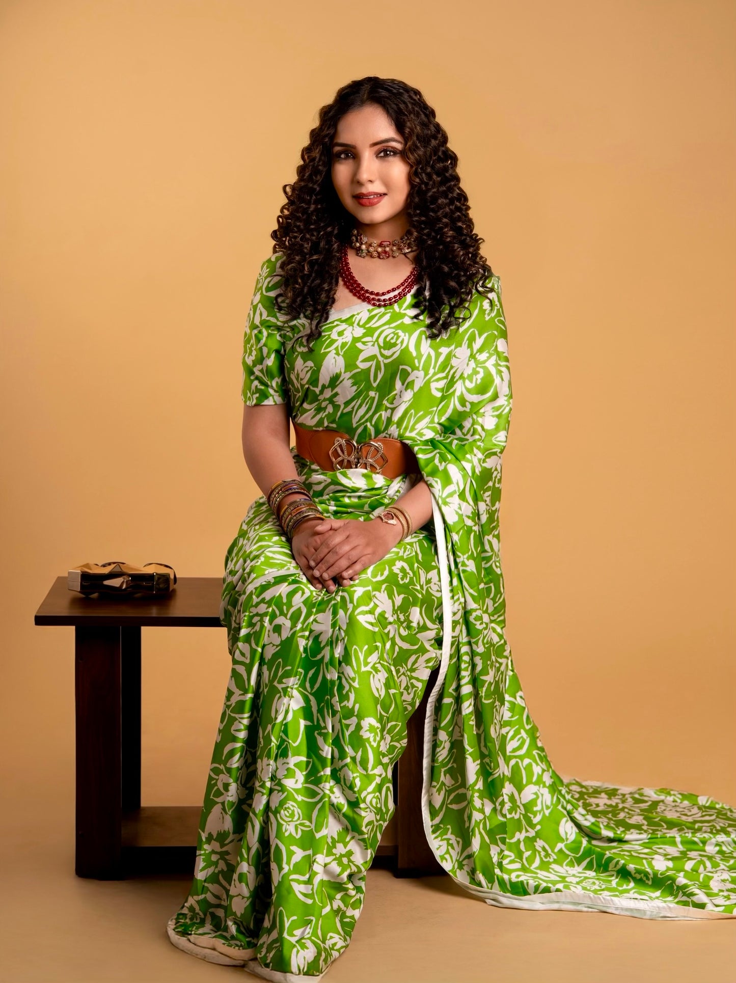 Green and White Floral Pattern with White Border READY TO WEAR Satin Saree
