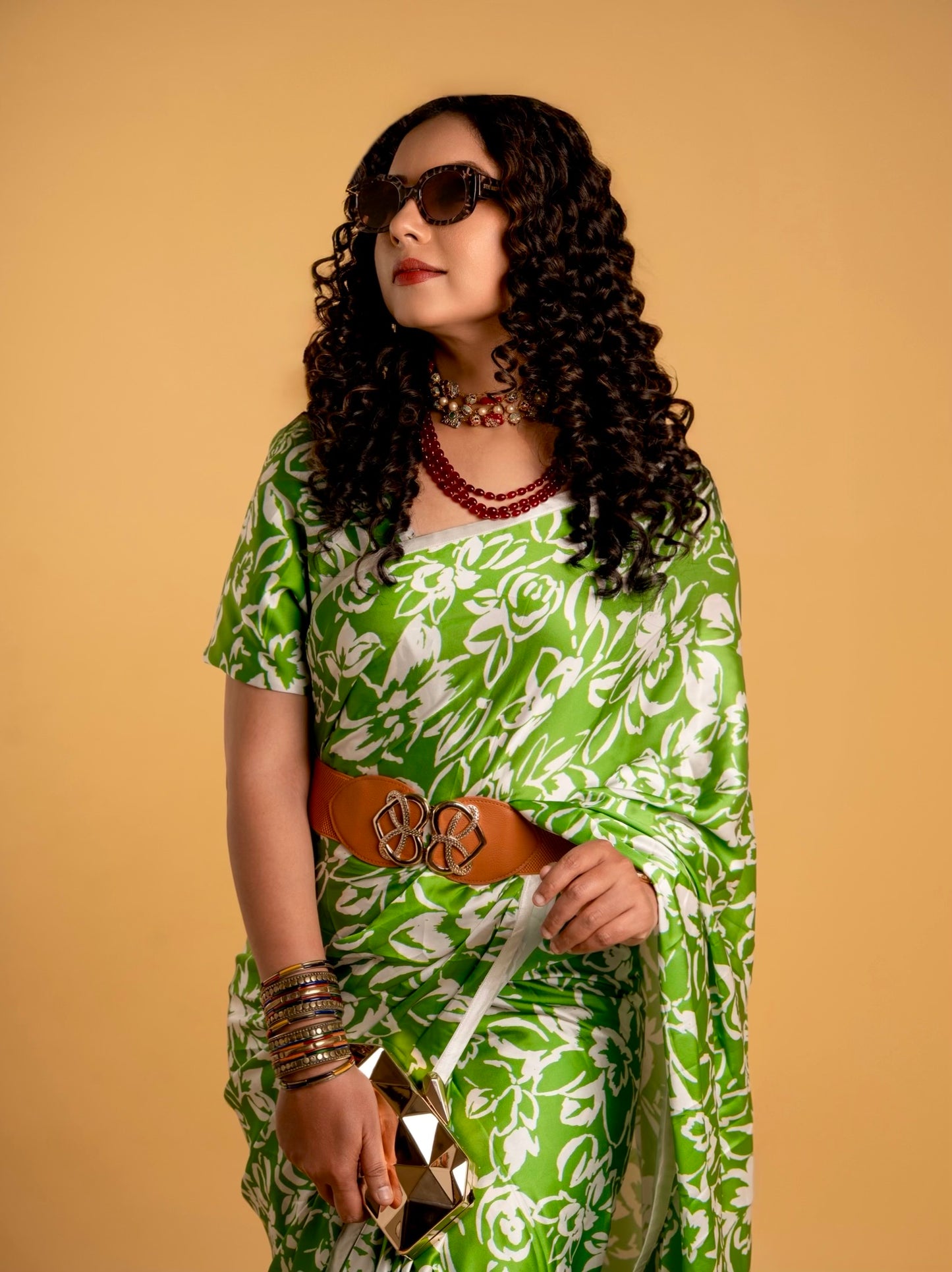 Green and White Floral Pattern with White Border READY TO WEAR Satin Saree