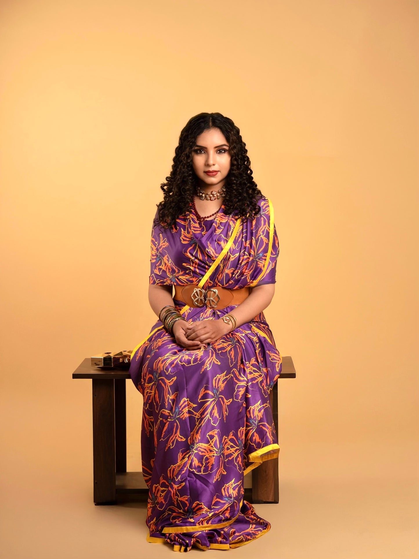 Purple Pattern with Yellow Border READY TO WEAR Satin Saree