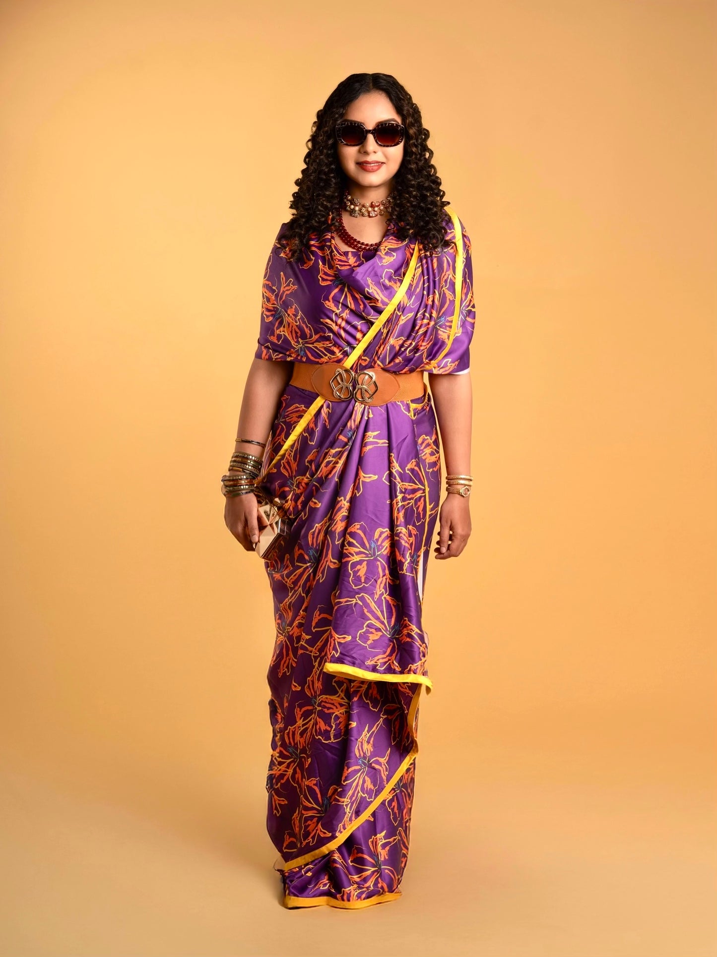 Purple Pattern with Yellow Border READY TO WEAR Satin Saree