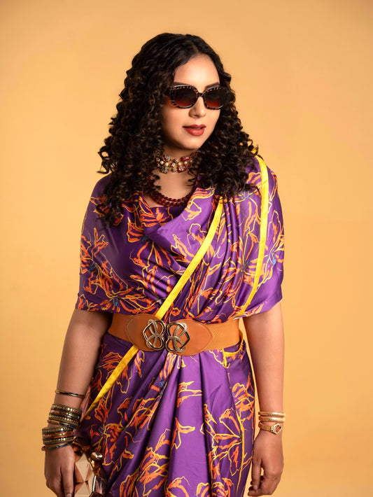 Purple Pattern with Yellow Border READY TO WEAR Satin Saree