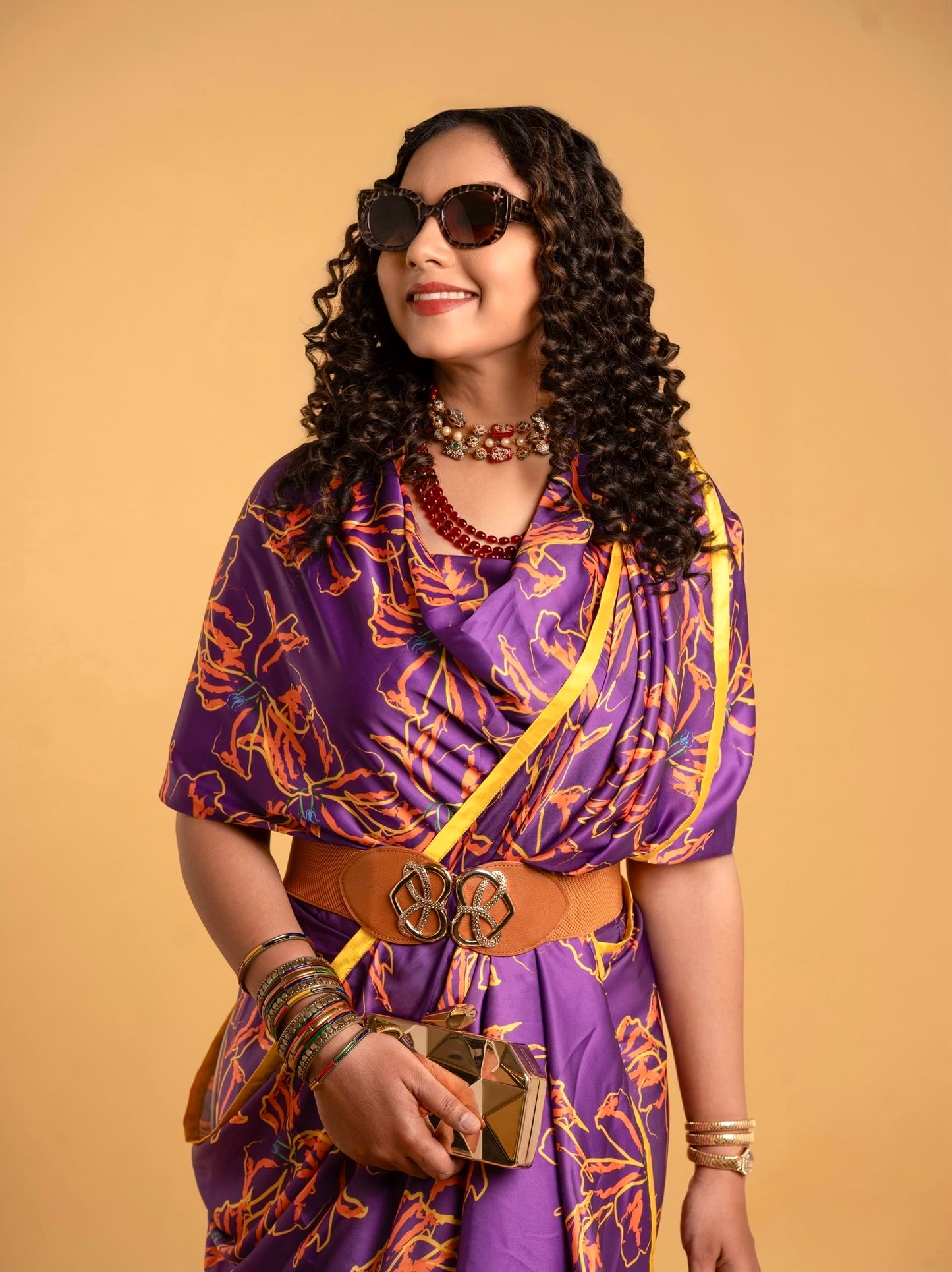 Purple Pattern with Yellow Border READY TO WEAR Satin Saree