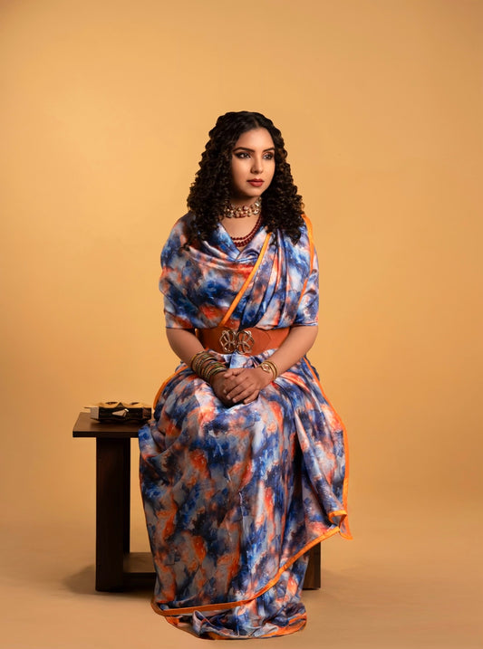 Blue Tye And Dye Pattern with Orange Border READY TO WEAR Satin Saree