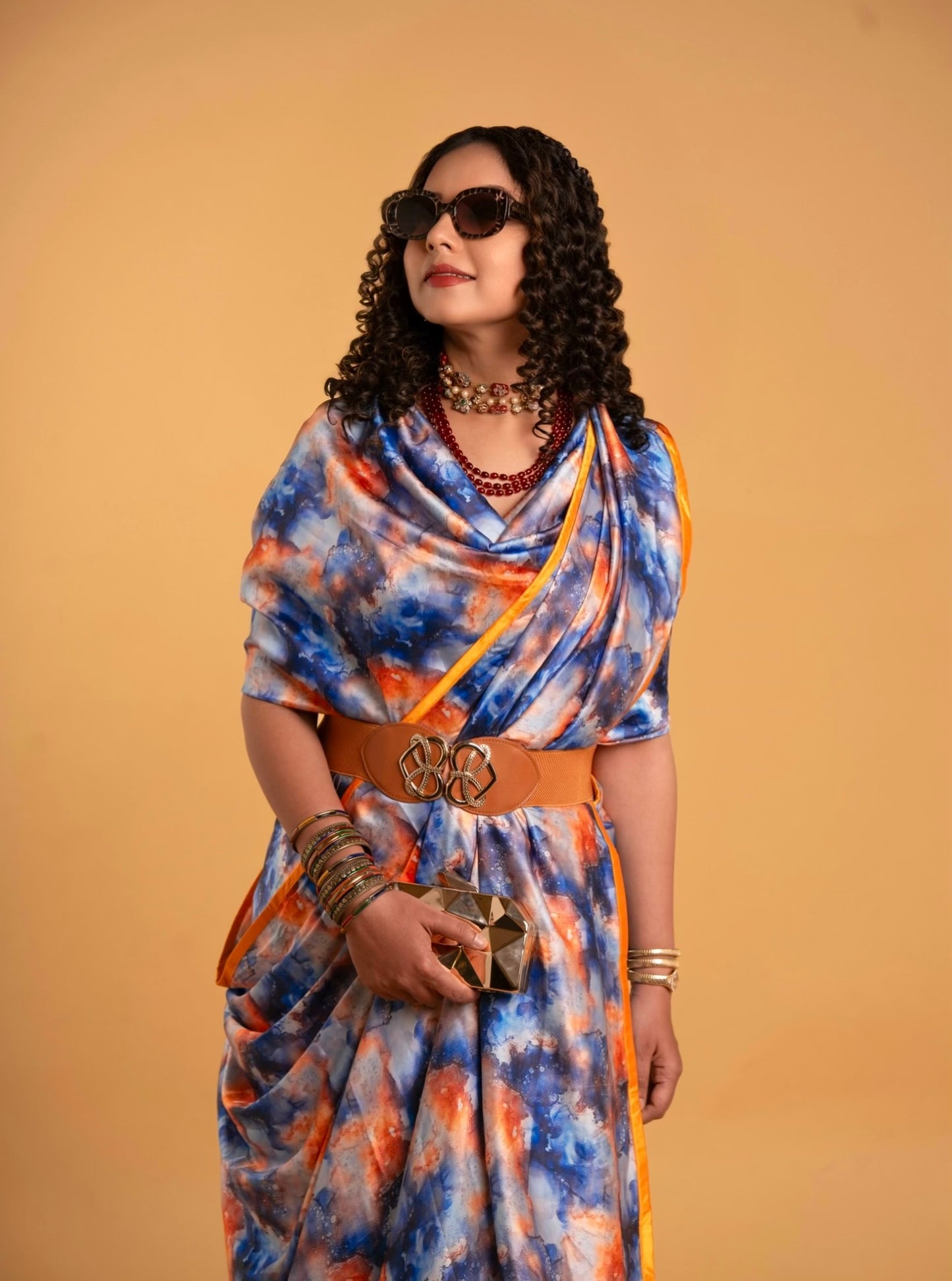 Blue Tye And Dye Pattern with Orange Border READY TO WEAR Satin Saree