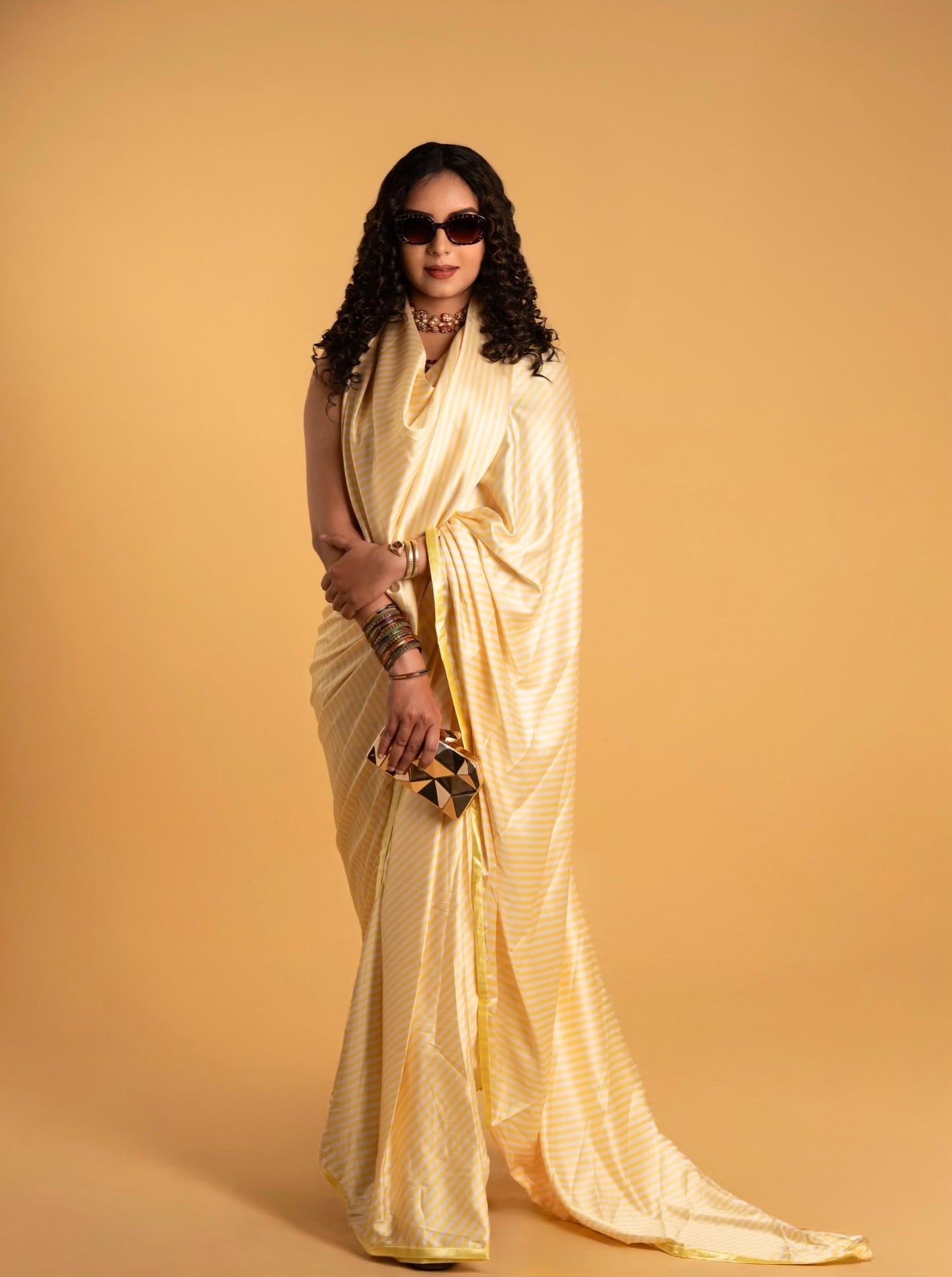 Yellow And White Stripes Pattern with White Border READY TO WEAR Satin Saree