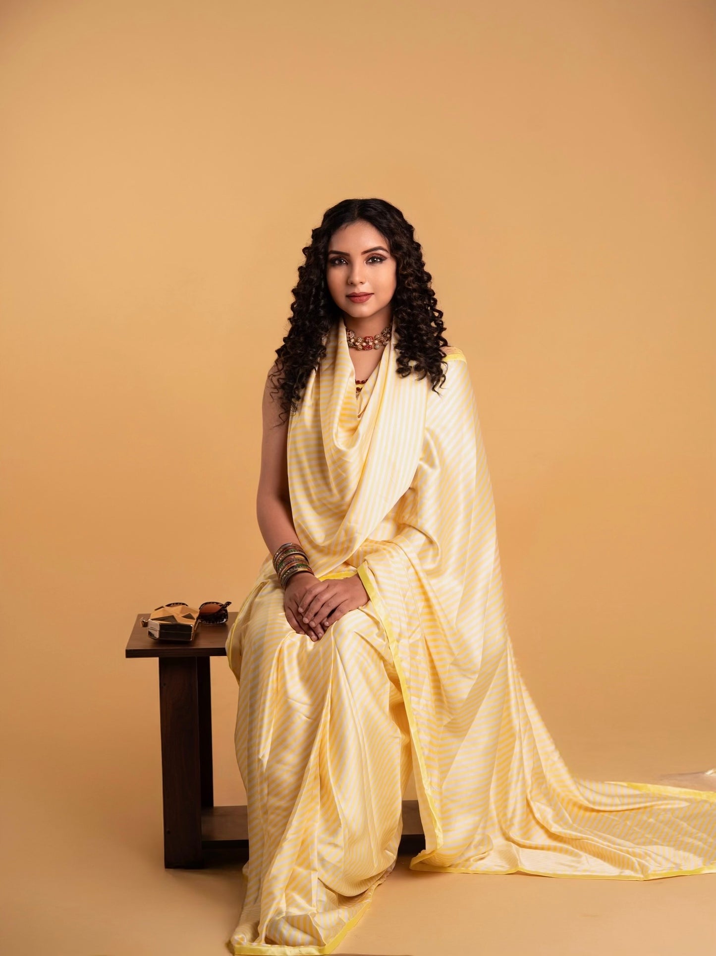 Yellow And White Stripes Pattern with White Border READY TO WEAR Satin Saree
