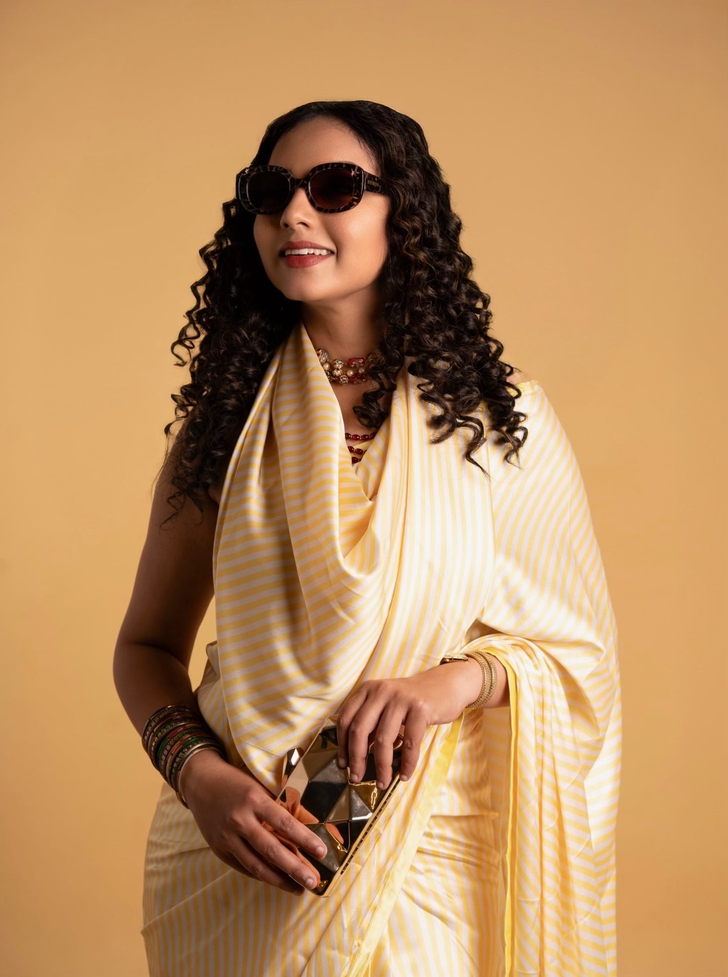 Yellow And White Stripes Pattern with White Border READY TO WEAR Satin Saree