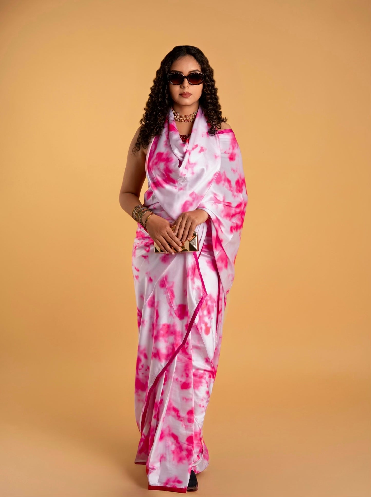 White And Pink Tye and Dye Pattern with Pink Border READY TO WEAR Satin Saree