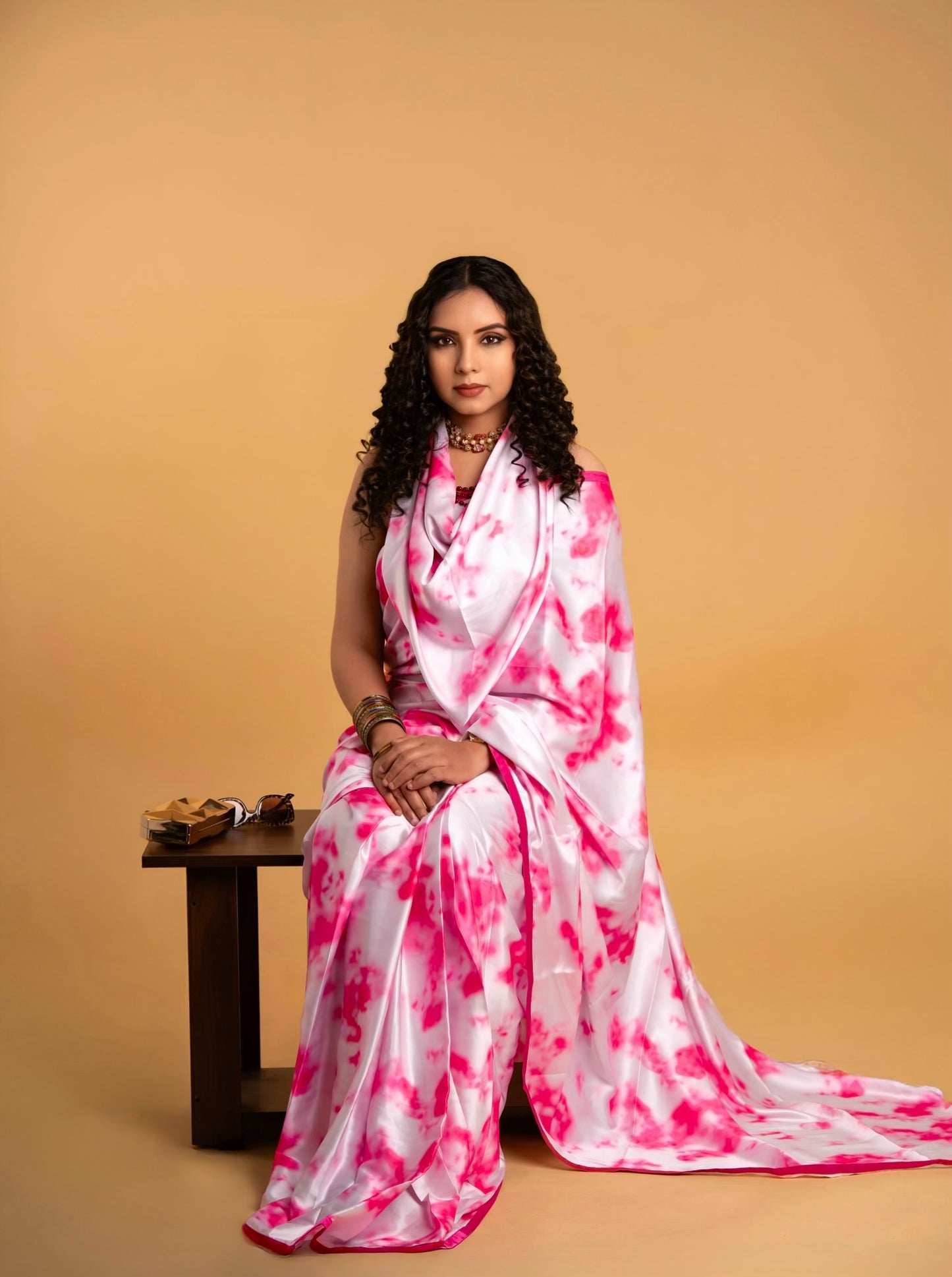 White And Pink Tye and Dye Pattern with Pink Border READY TO WEAR Satin Saree