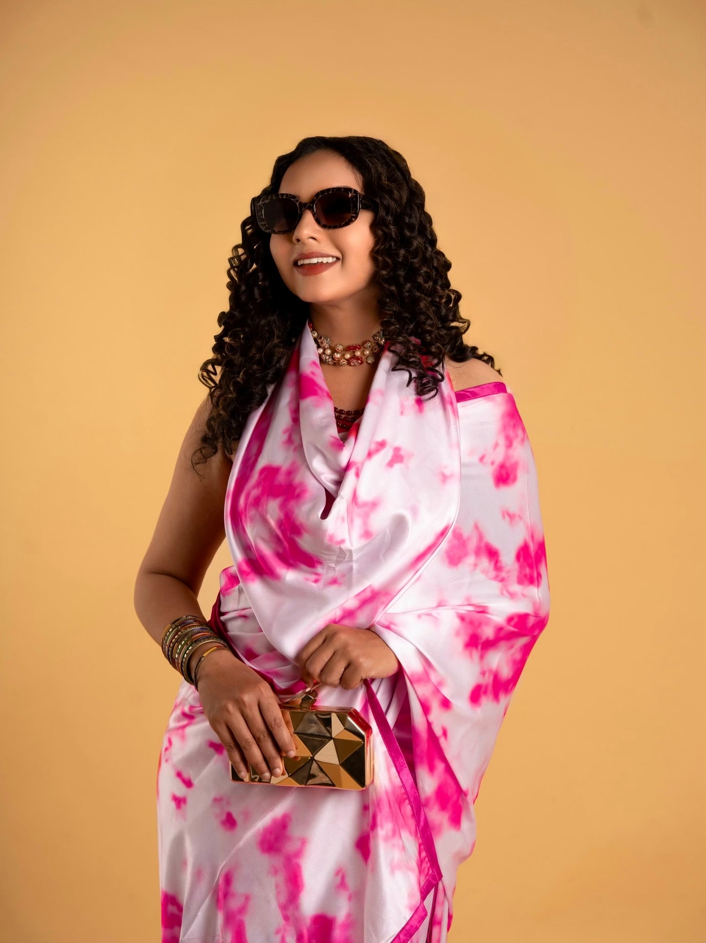 White And Pink Tye and Dye Pattern with Pink Border READY TO WEAR Satin Saree