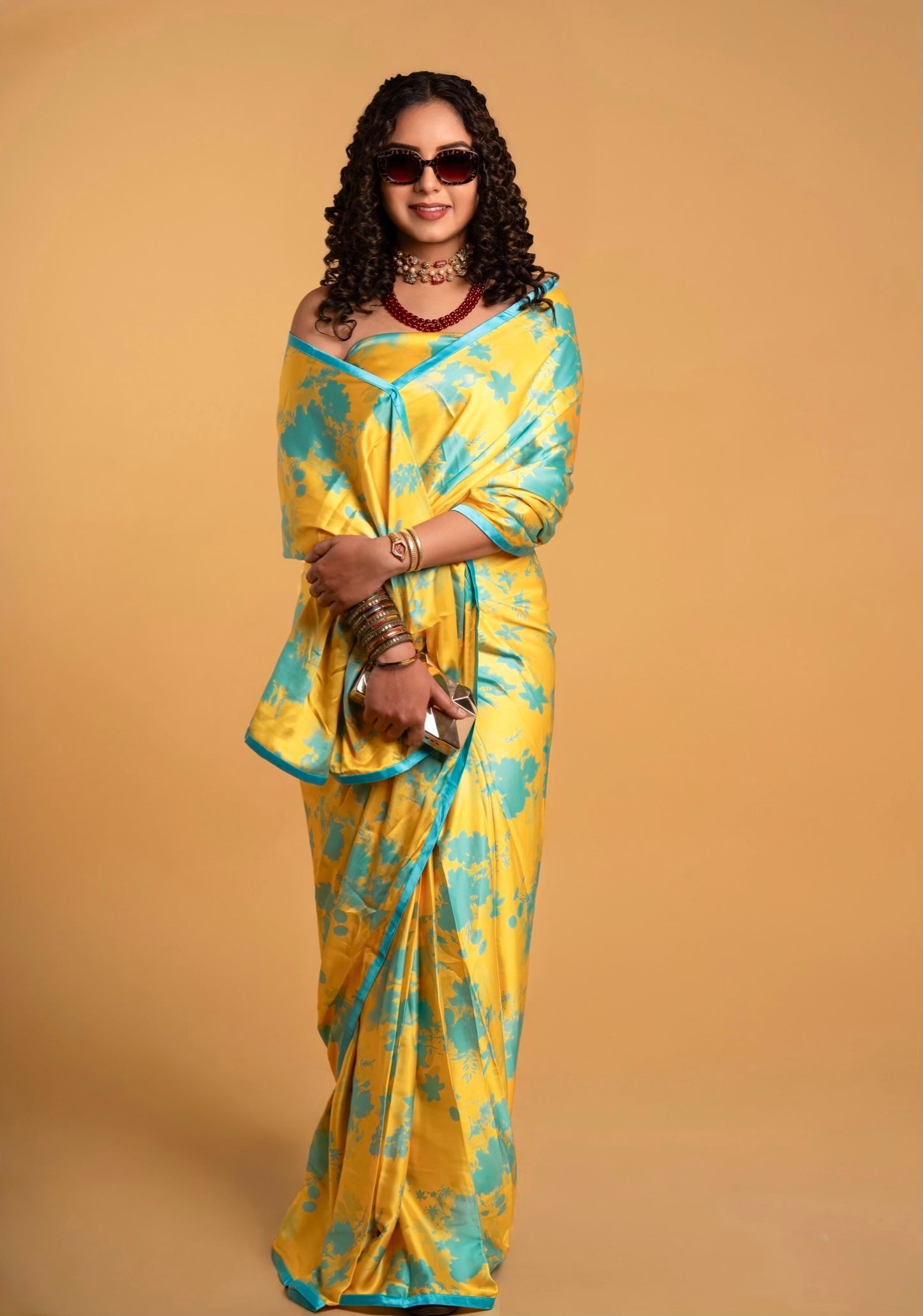 Yellow and Blue Floral Pattern with Blue Border READY TO WEAR Satin Saree