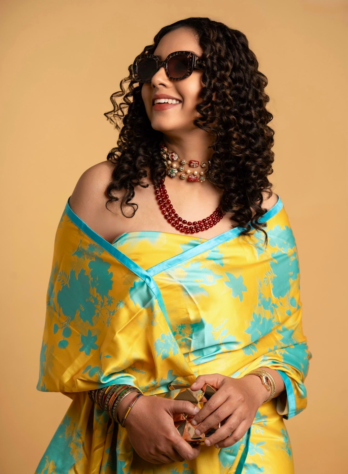 Yellow and Blue Floral Pattern with Blue Border READY TO WEAR Satin Saree