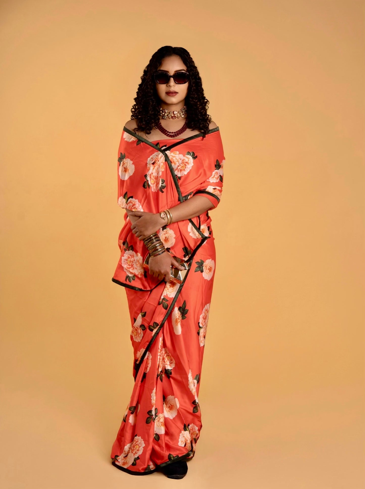 Coral Red And Peach Floral Pattern with Olive Green Border READY TO WEAR Satin Saree