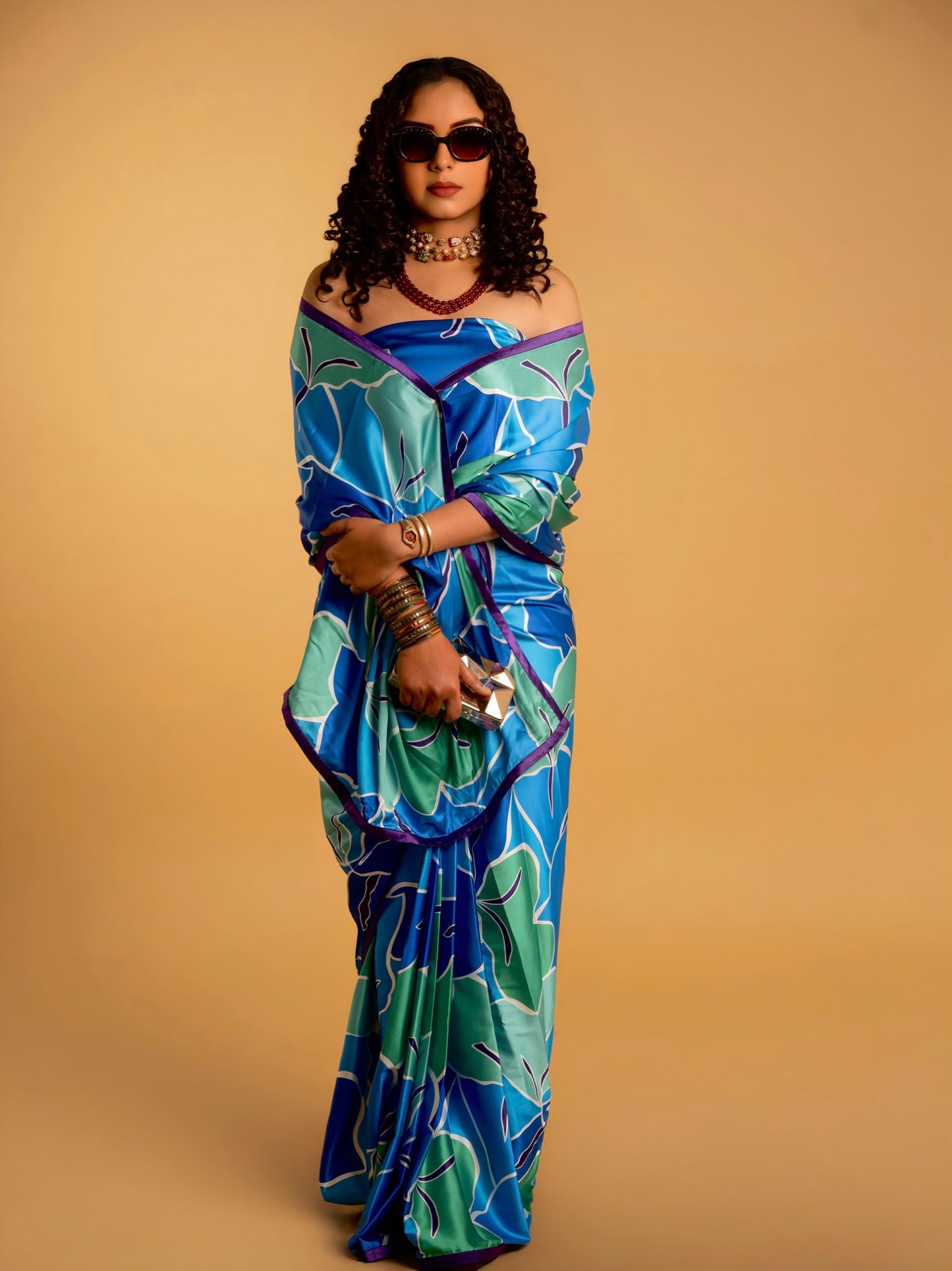 Royal Blue And Green Abstract Pattern with Purple Border READY TO WEAR Satin Saree