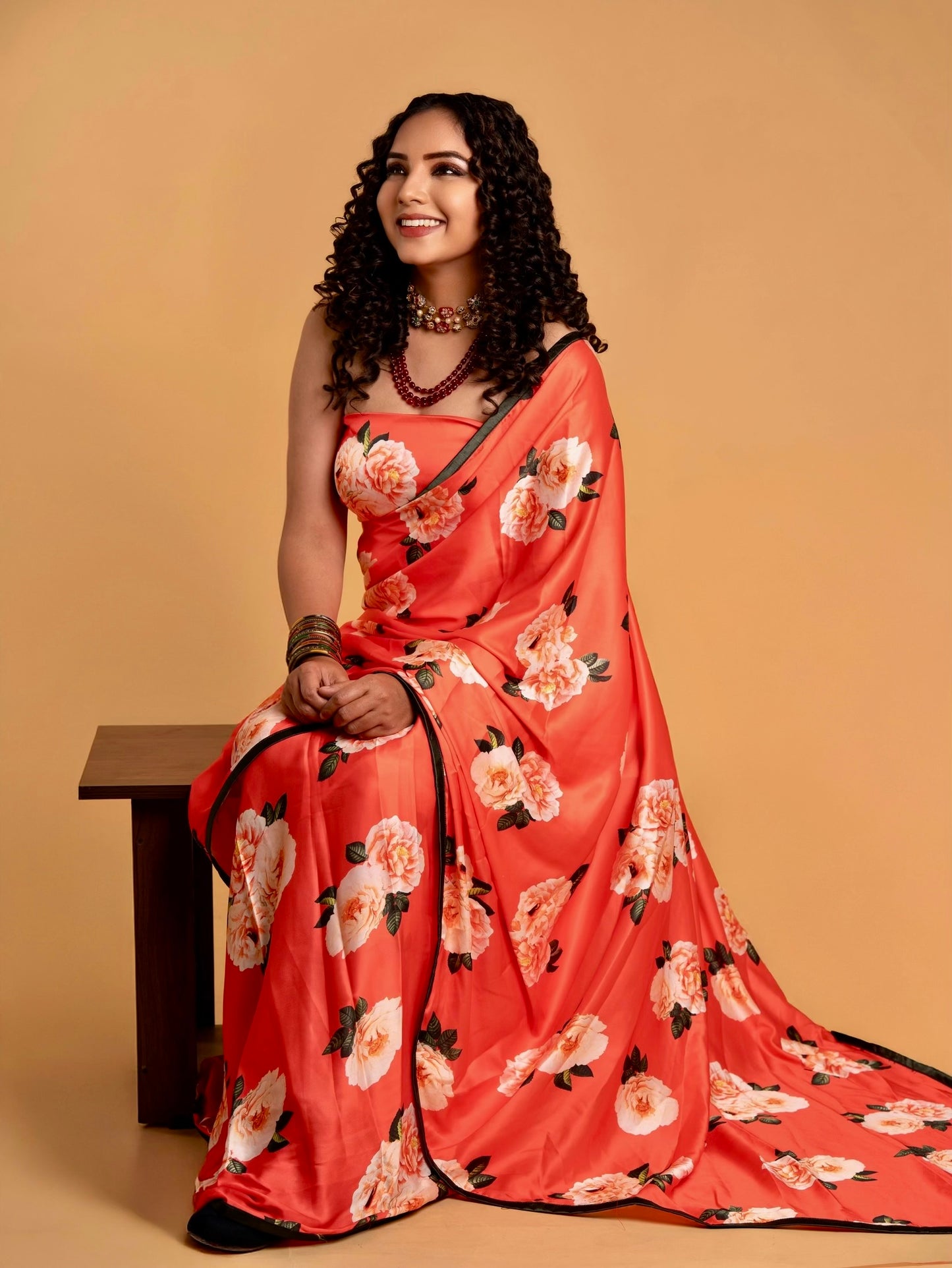 Coral Red And Peach Floral Pattern with Olive Green Border READY TO WEAR Satin Saree