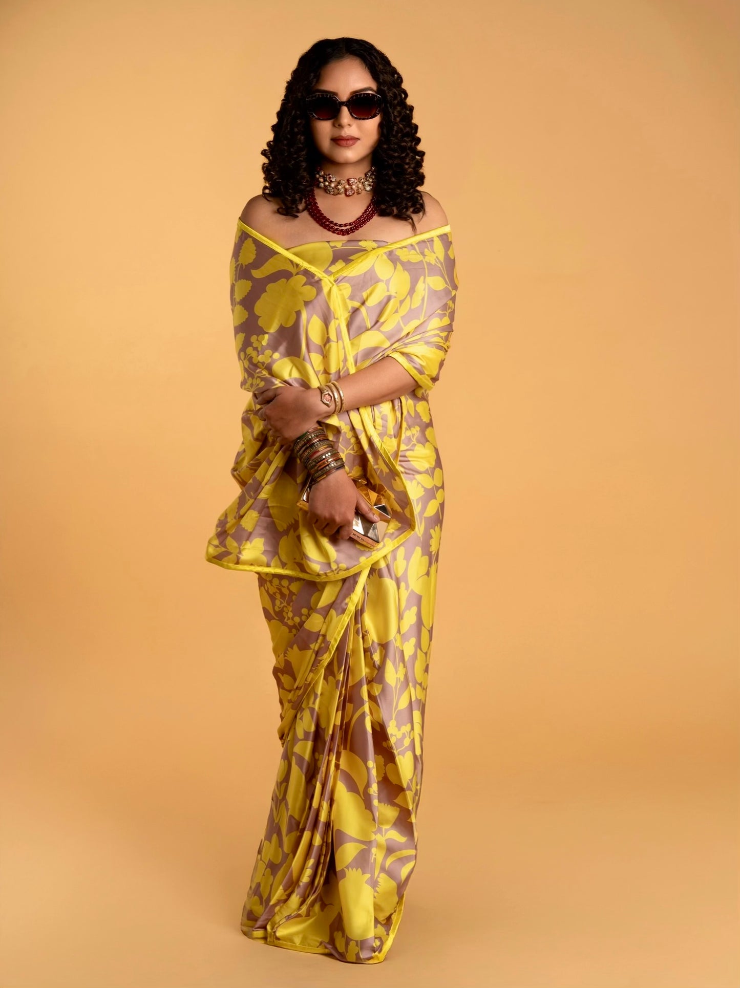 Saddle Brown And Lemon Yellow Floral Pattern with Yellow Border READY TO WEAR Satin Saree