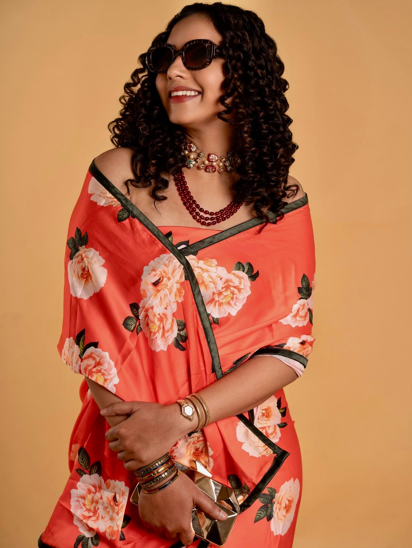 Coral Red And Peach Floral Pattern with Olive Green Border READY TO WEAR Satin Saree