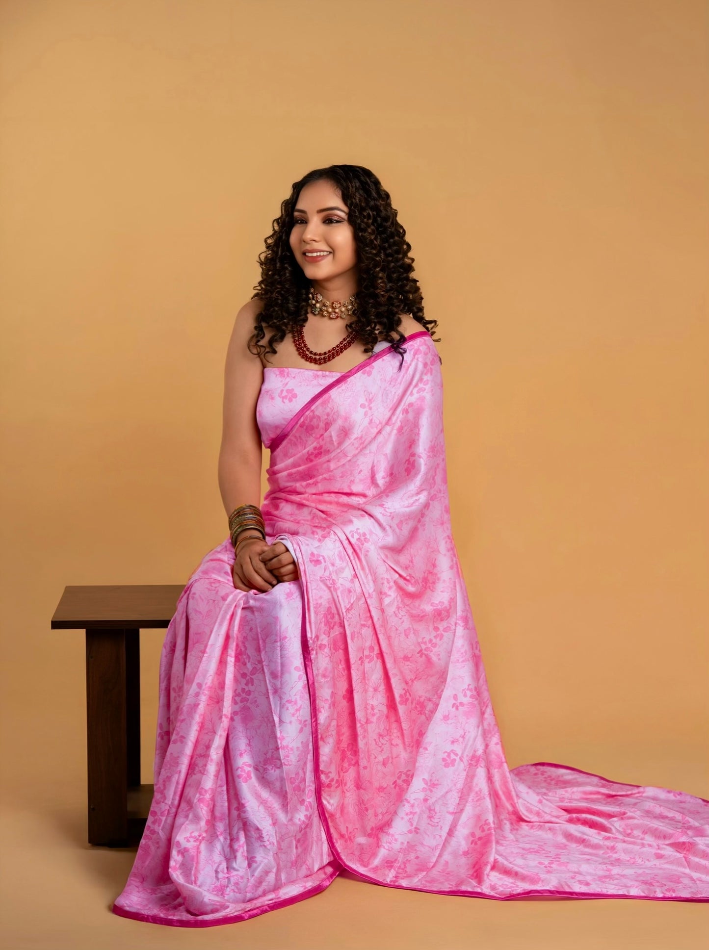 Light Pink Floral Pattern with Dark Pink Border READY TO WEAR Satin Saree
