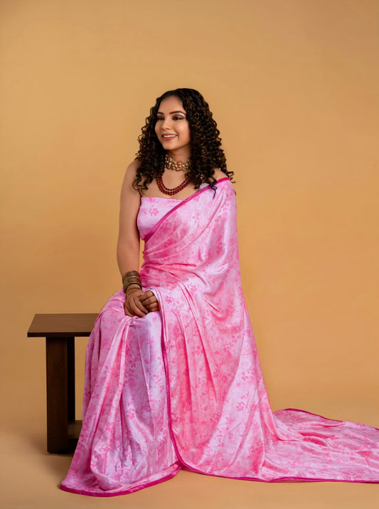 Light Pink Floral Pattern with Dark Pink Border READY TO WEAR Satin Saree
