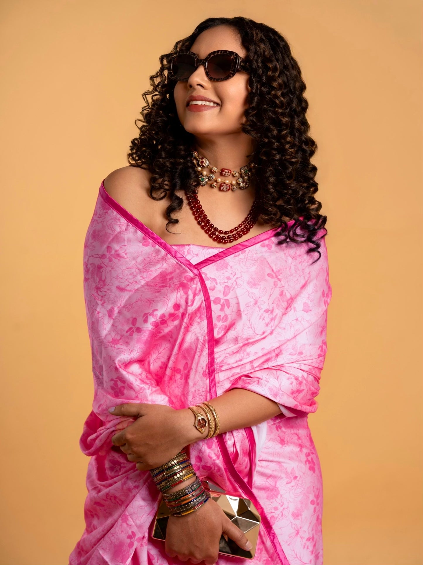 Light Pink Floral Pattern with Dark Pink Border READY TO WEAR Satin Saree