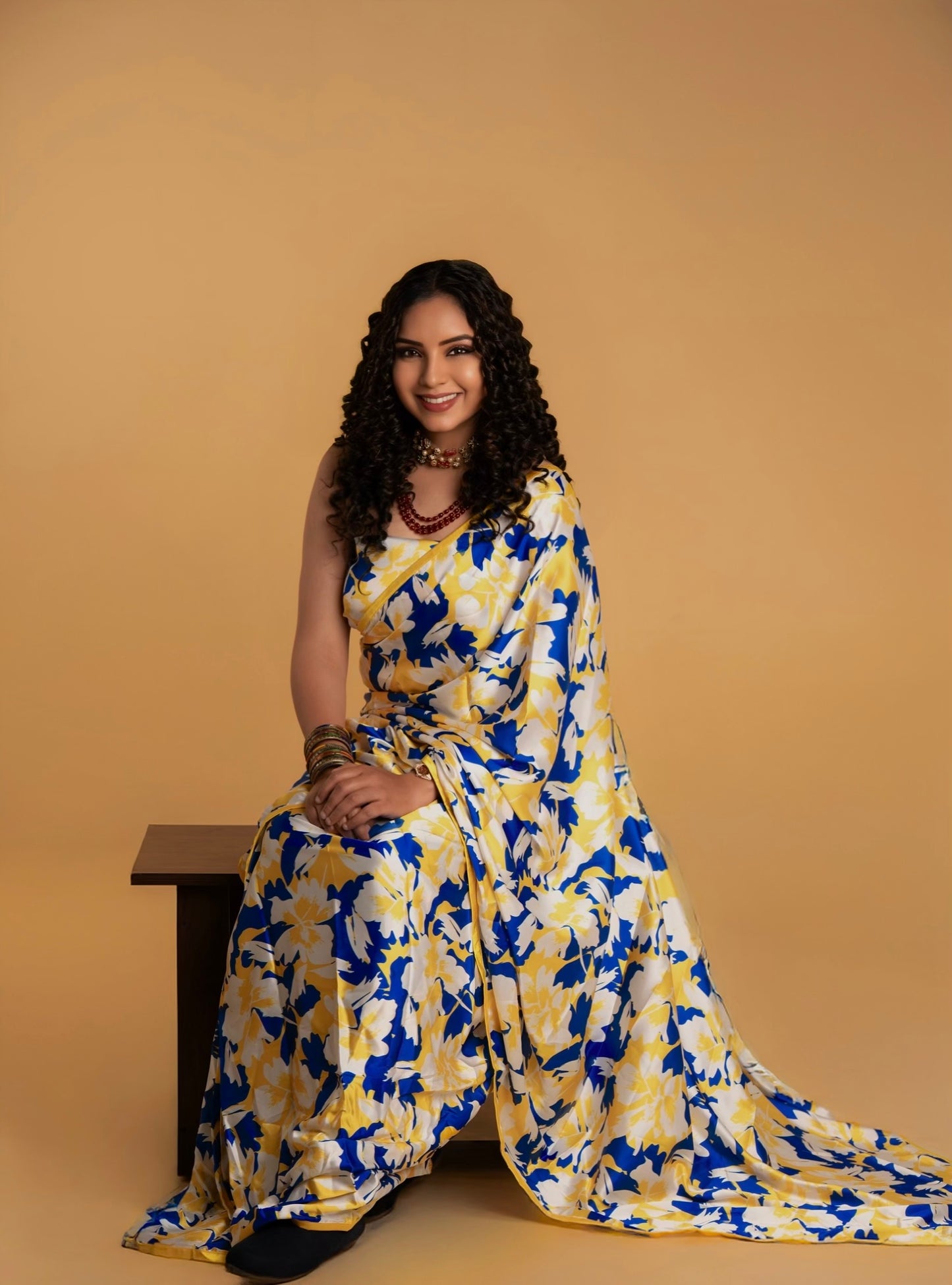 White And Blue Floral Pattern with Yellow Border READY TO WEAR Satin Saree