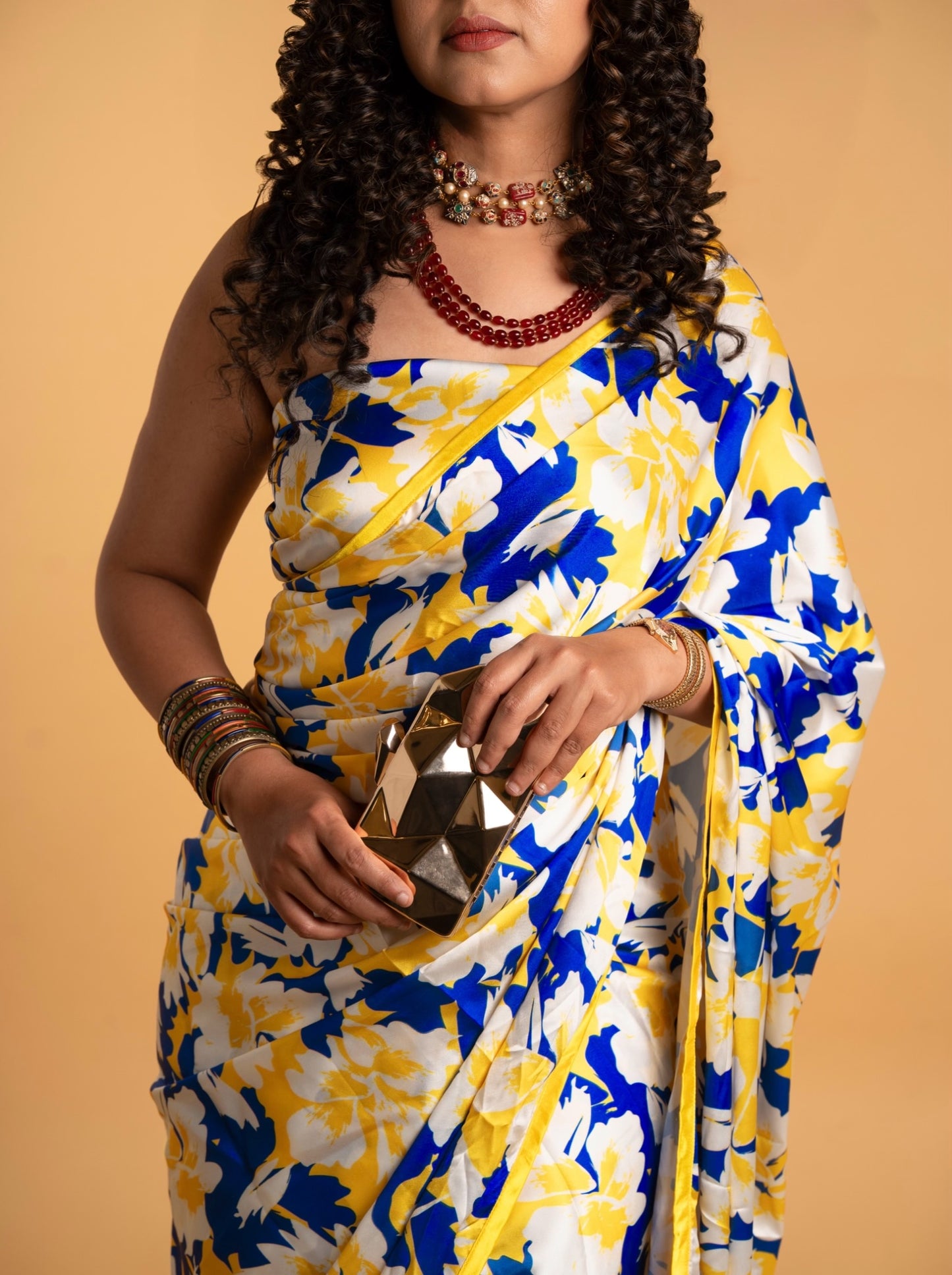 White And Blue Floral Pattern with Yellow Border READY TO WEAR Satin Saree