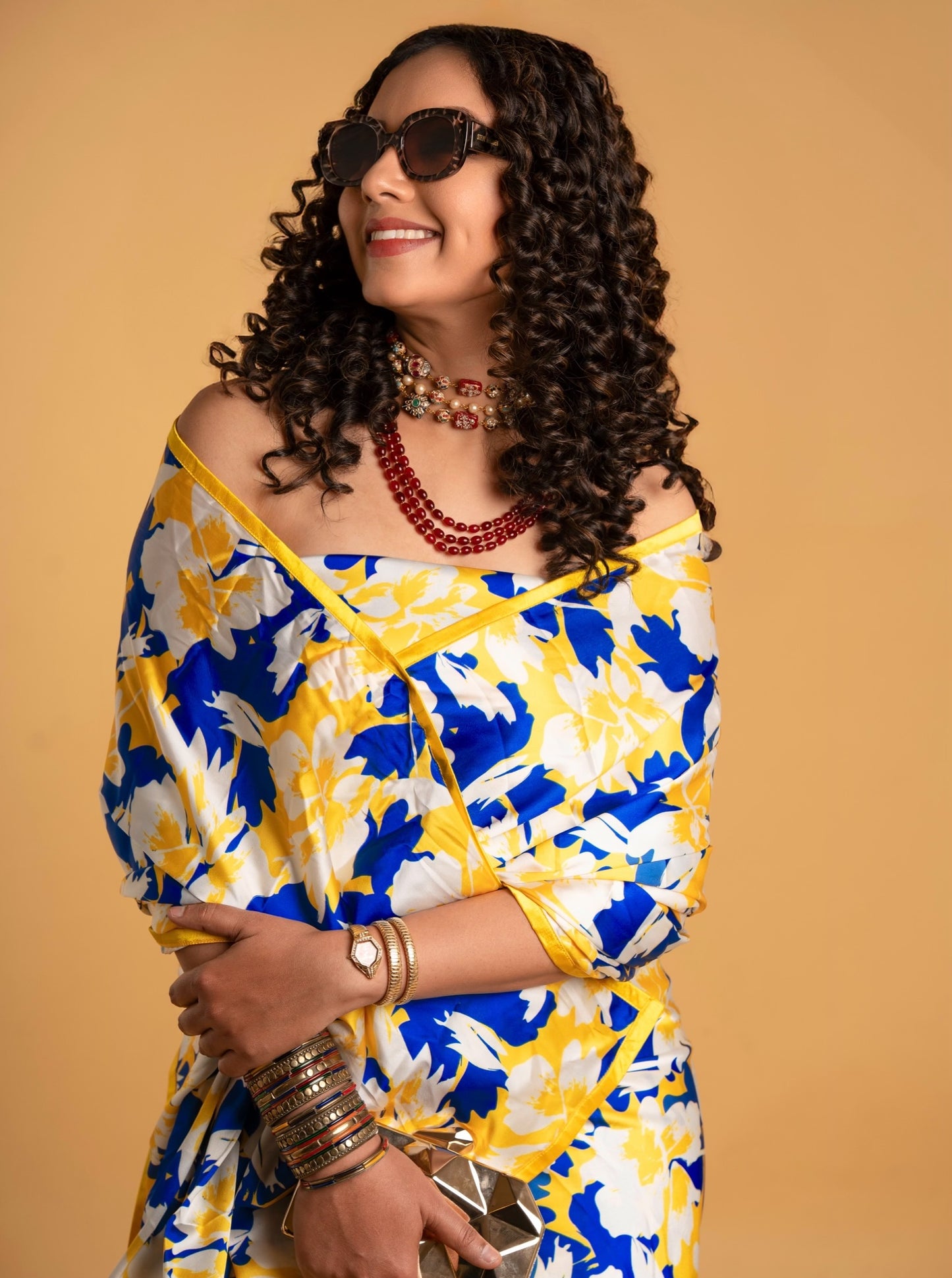 White And Blue Floral Pattern with Yellow Border READY TO WEAR Satin Saree