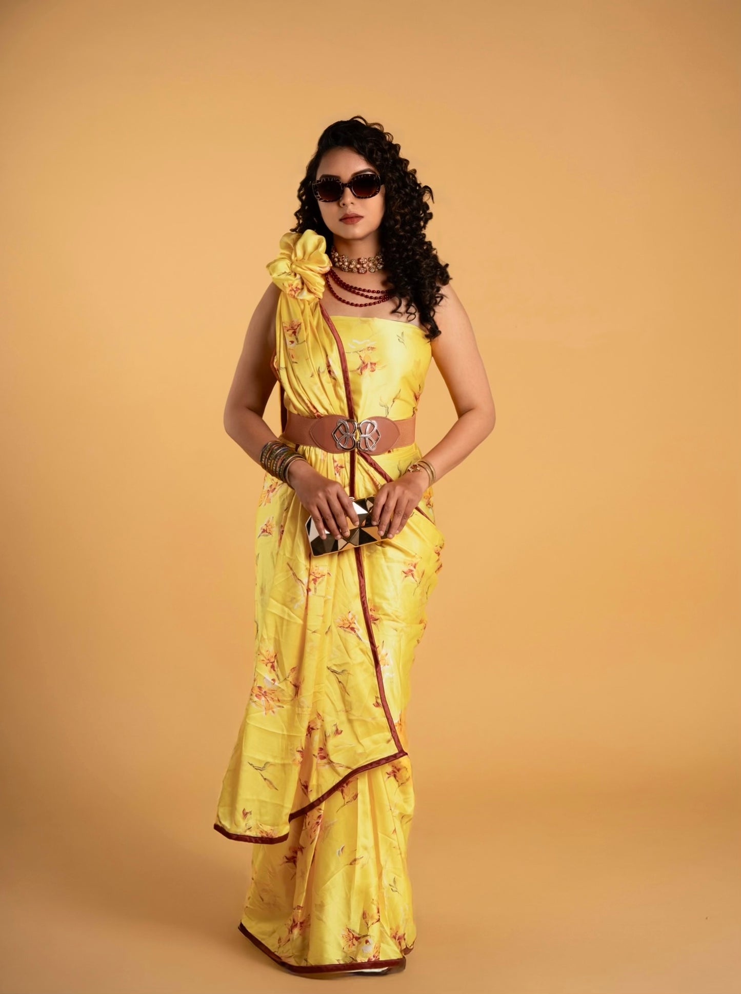Bumblebee Yellow Floral Pattern with Olive Green Border READY TO WEAR Satin Saree