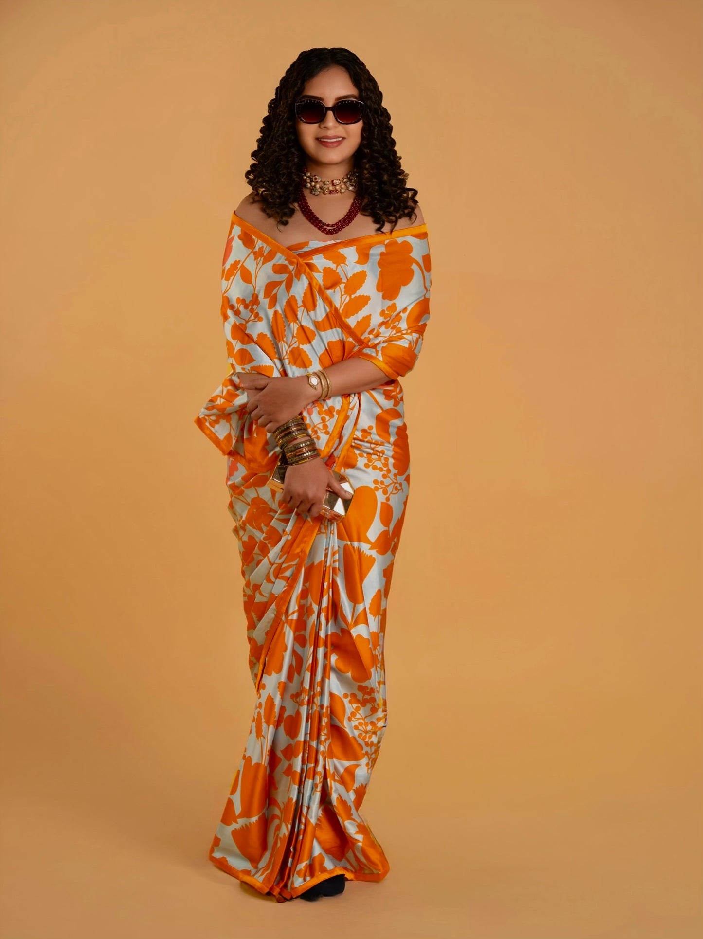 Stone Blue And Cider Orange Floral Pattern with Orange Border READY TO WEAR Satin Saree