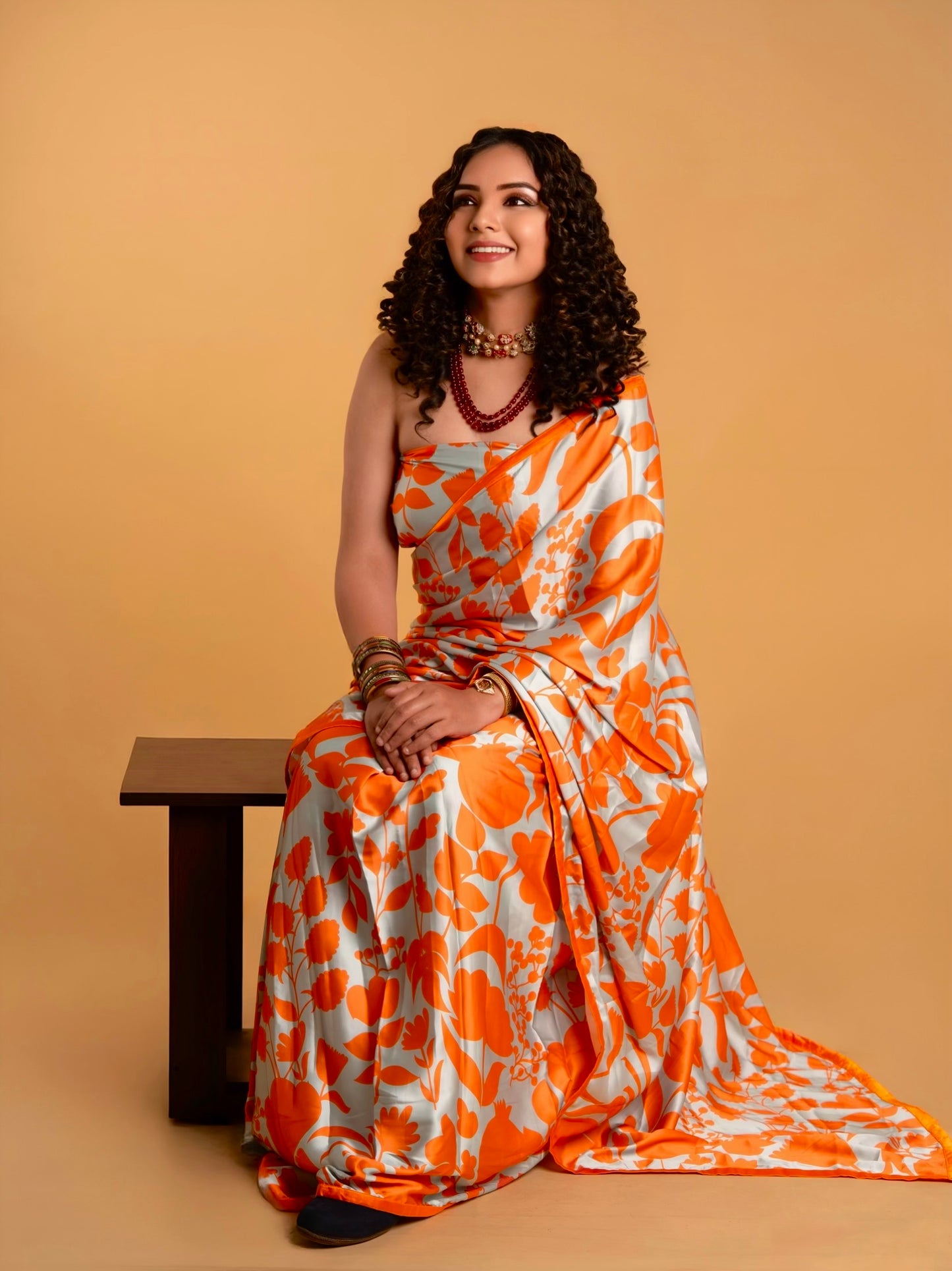 Stone Blue And Cider Orange Floral Pattern with Orange Border READY TO WEAR Satin Saree