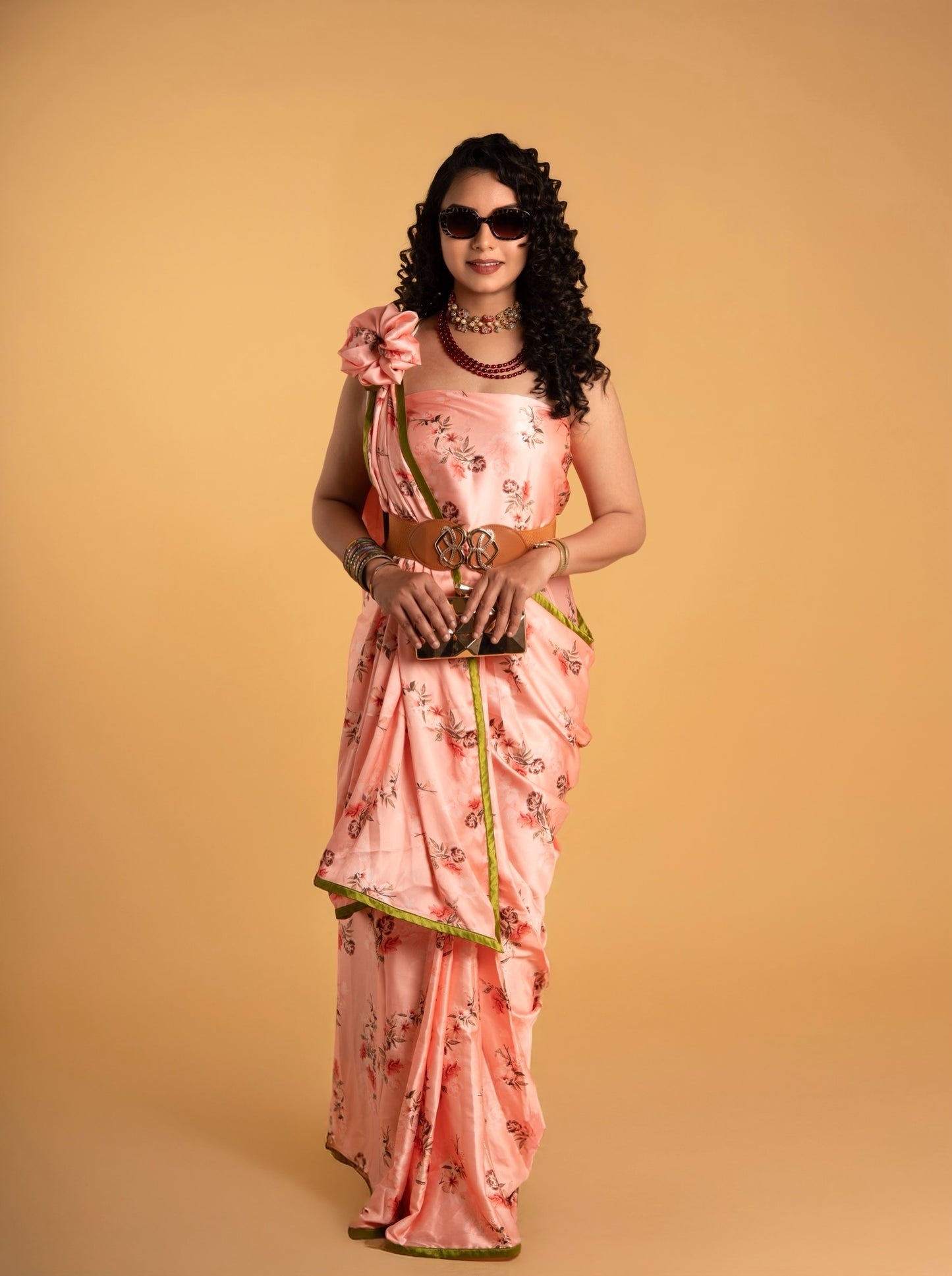 Peach And Brown Floral Pattern Pattern with Olive Green Border READY TO WEAR Satin Saree