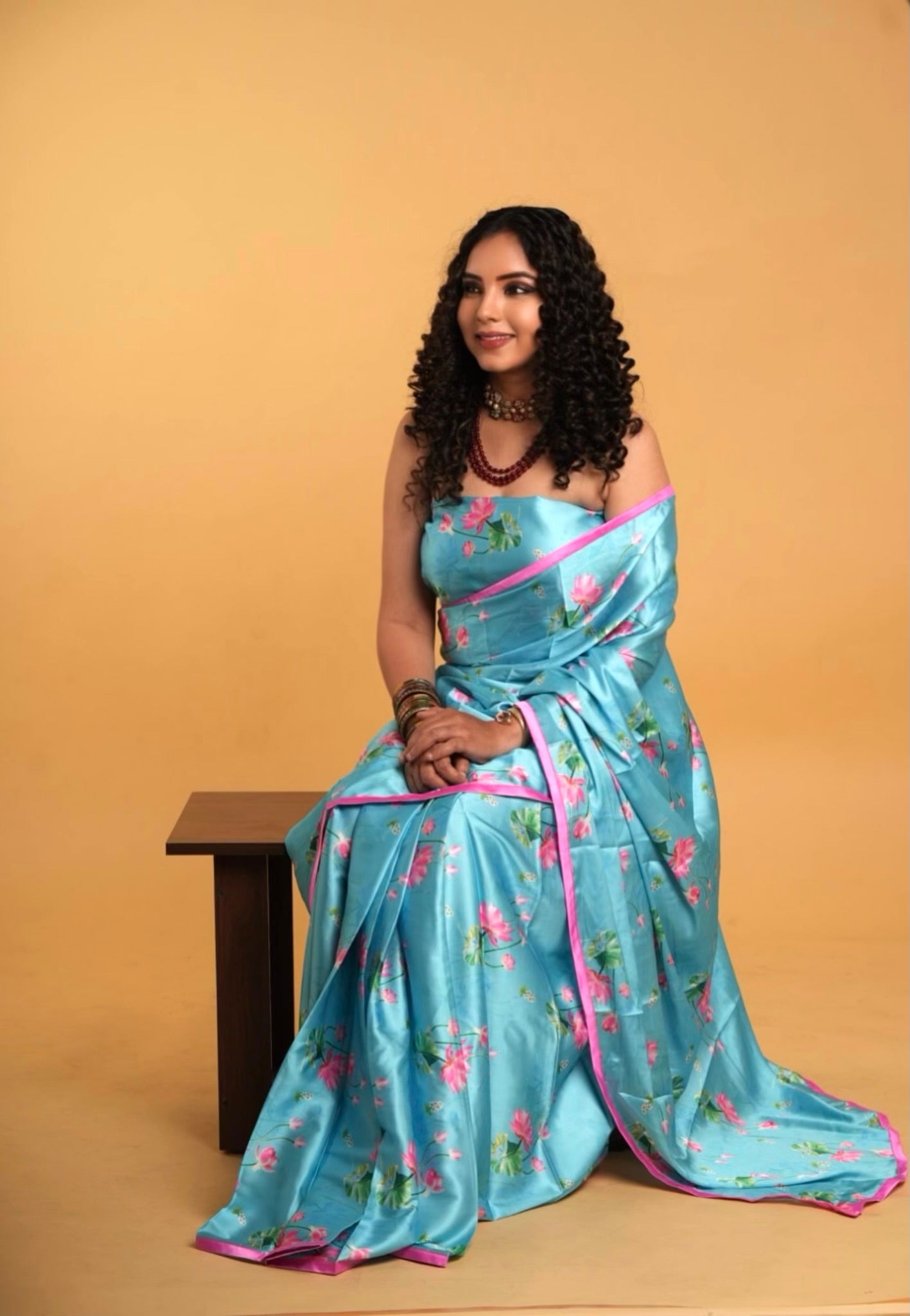 Sky Blue And Pink Floral Pattern with Pink Border READY TO WEAR Satin Saree