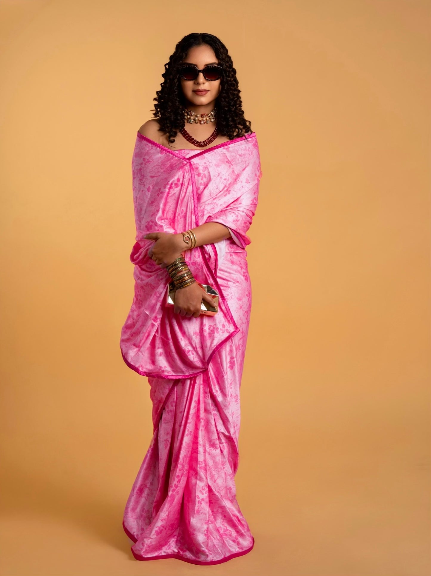 Light Pink Floral Pattern with Dark Pink Border READY TO WEAR Satin Saree
