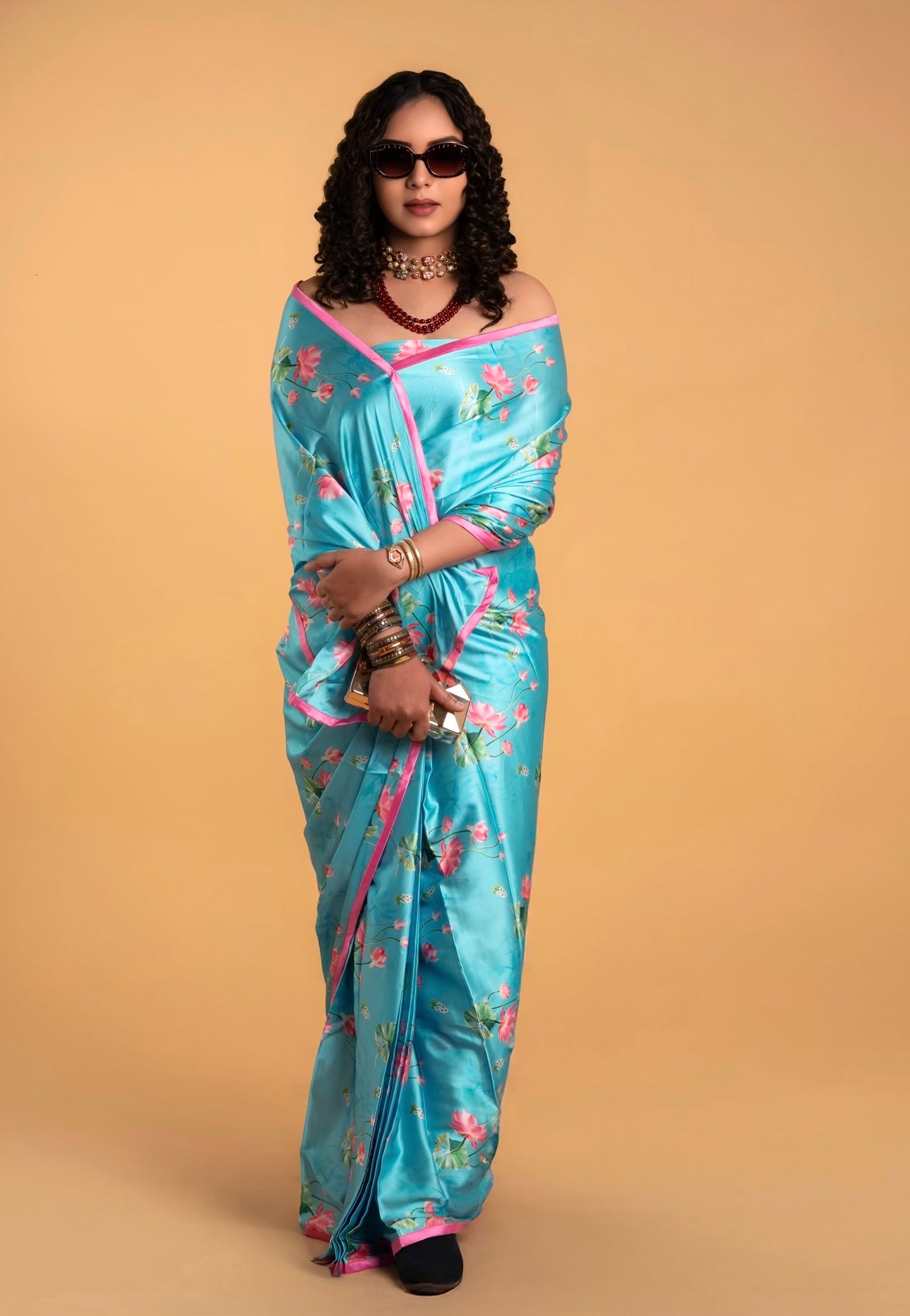 Sky Blue And Pink Floral Pattern with Pink Border READY TO WEAR Satin Saree