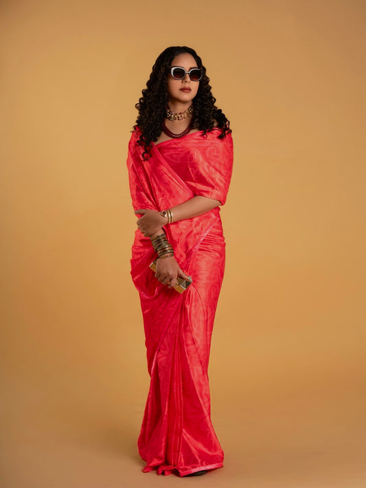 Cherry Red And Taffy Pink Heart Pattern with Pink Border READY TO WEAR Satin Saree