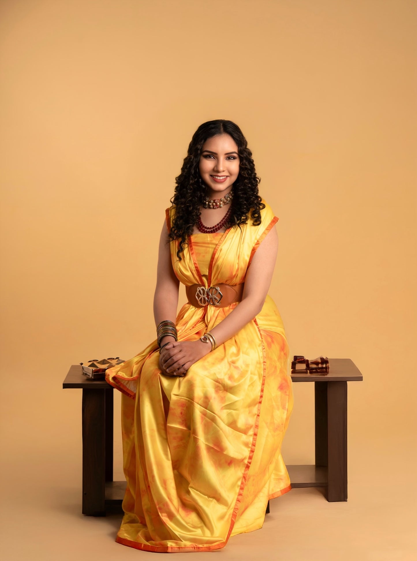 Yellow Abstract Pattern with Orange Border READY TO WEAR Satin Saree