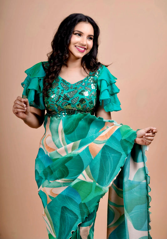 Tropical Bloom Green Printed Ready-to-Wear Saree with Sequin Ruffle Sleeve Blouse