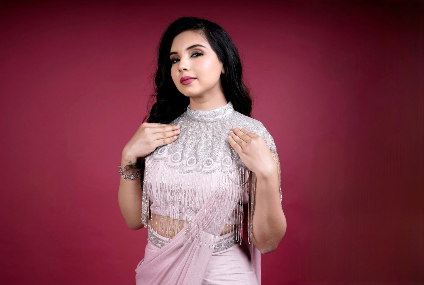 Blush Bloom Ready-to-Wear Party Saree with Embellished Cape Blouse