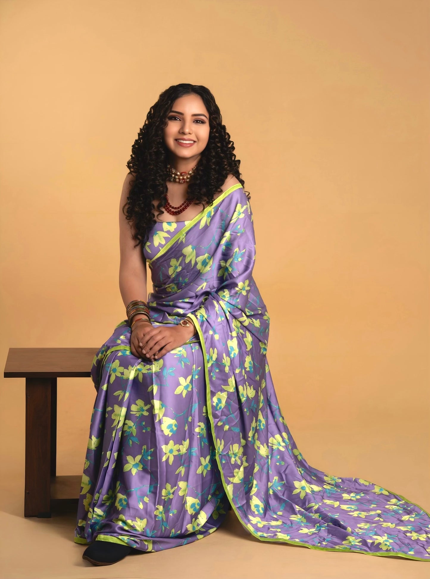 Lime Green And Purple Orchind Floral Pattern with Lime Green Border READY TO WEAR Satin Saree